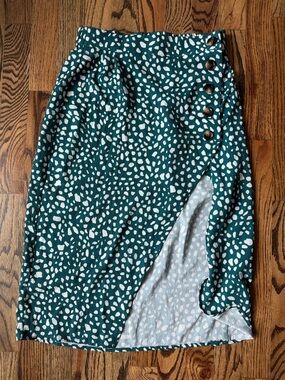 Teal Printed Wrap Midi Skirt with Button Detail